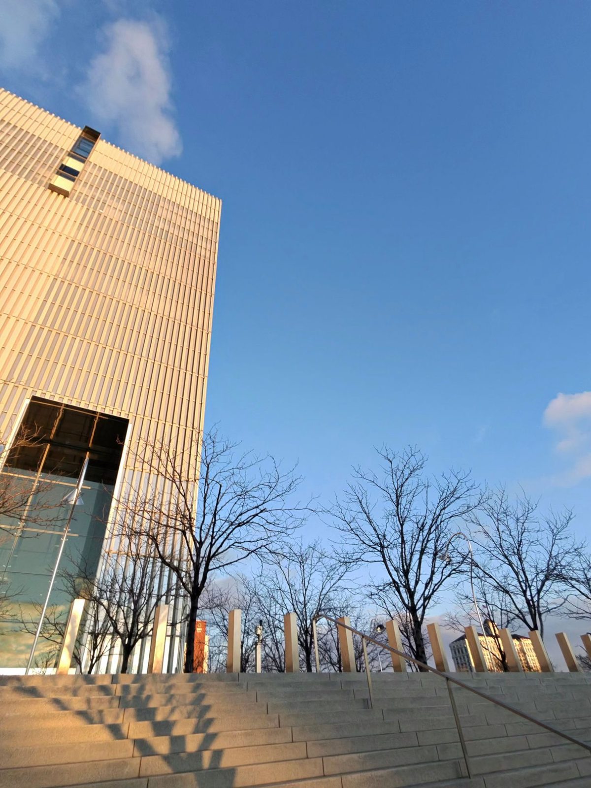 Steps and plaza of the federal courthouse in Salt Lake City at golden hour